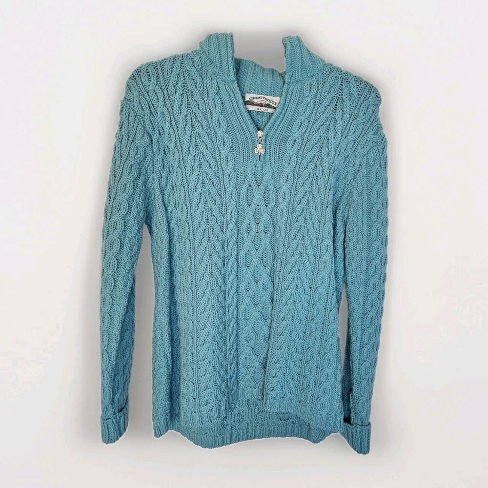 Aran Crafts Sweater Womens Large 1/4 Zip Merino Wool Made In Ireland Cyan Blue L